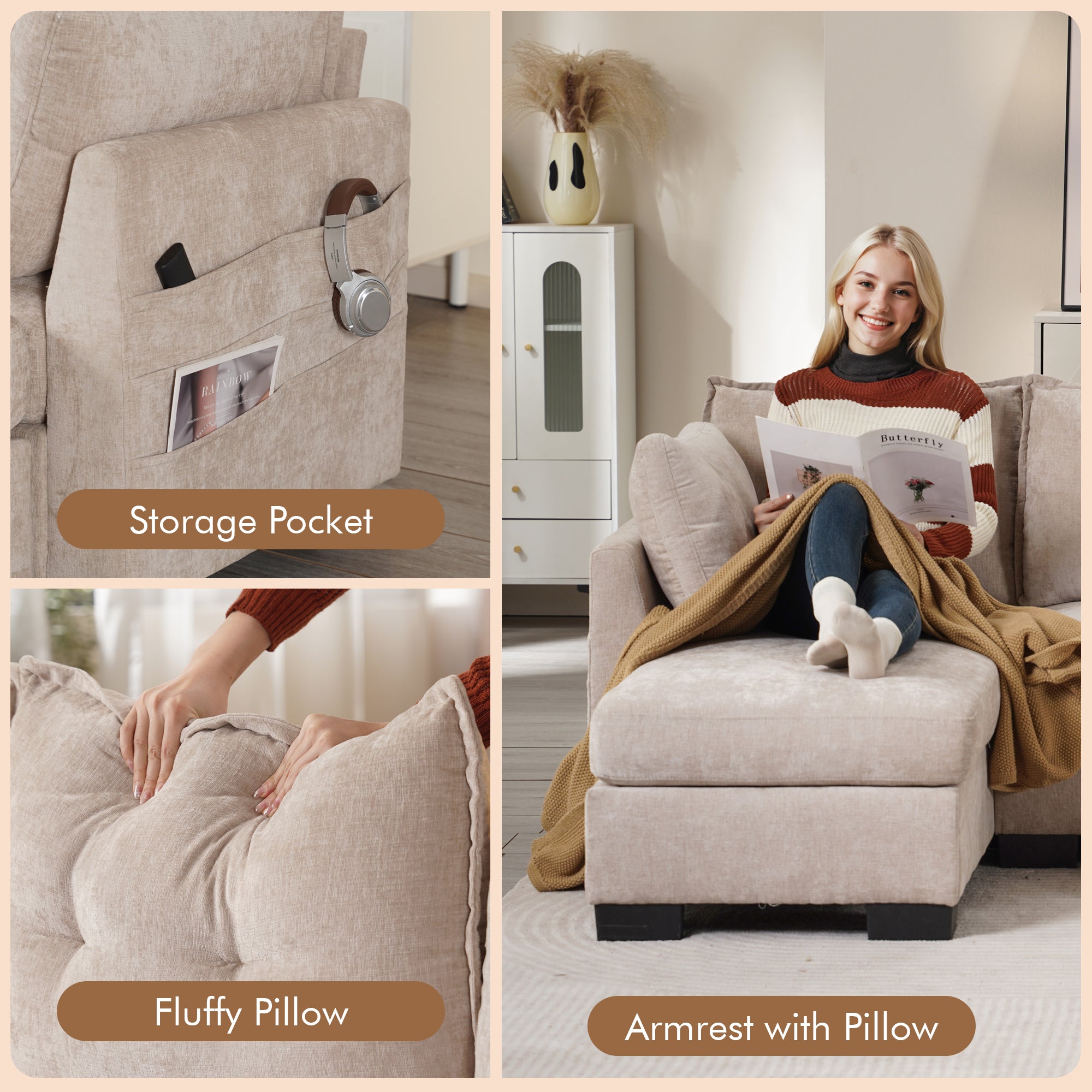OVIOS 112" Cloud U Shaped Couch, Modular Sectional Comfy Couch Set with Movable Ottoman, Modern 4 Seater Couches with Chaise, Comfortable Furniture for Apartment Living Room
