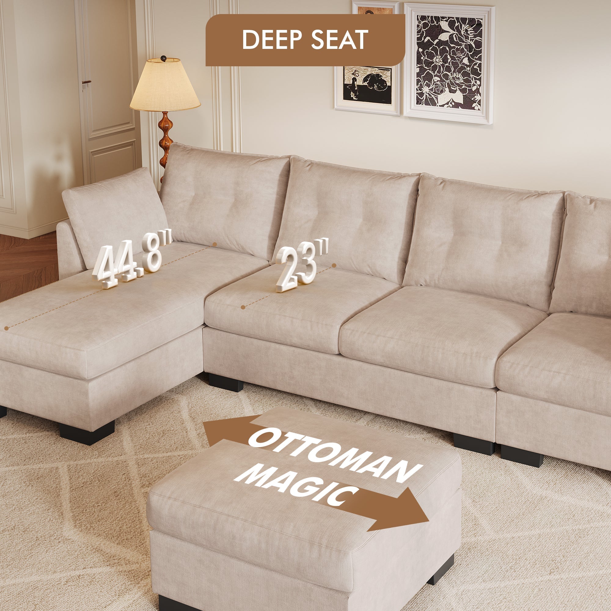 OVIOS 112" Cloud U Shaped Couch, Modular Sectional Comfy Couch Set with Movable Ottoman, Modern 4 Seater Couches with Chaise, Comfortable Furniture for Apartment Living Room
