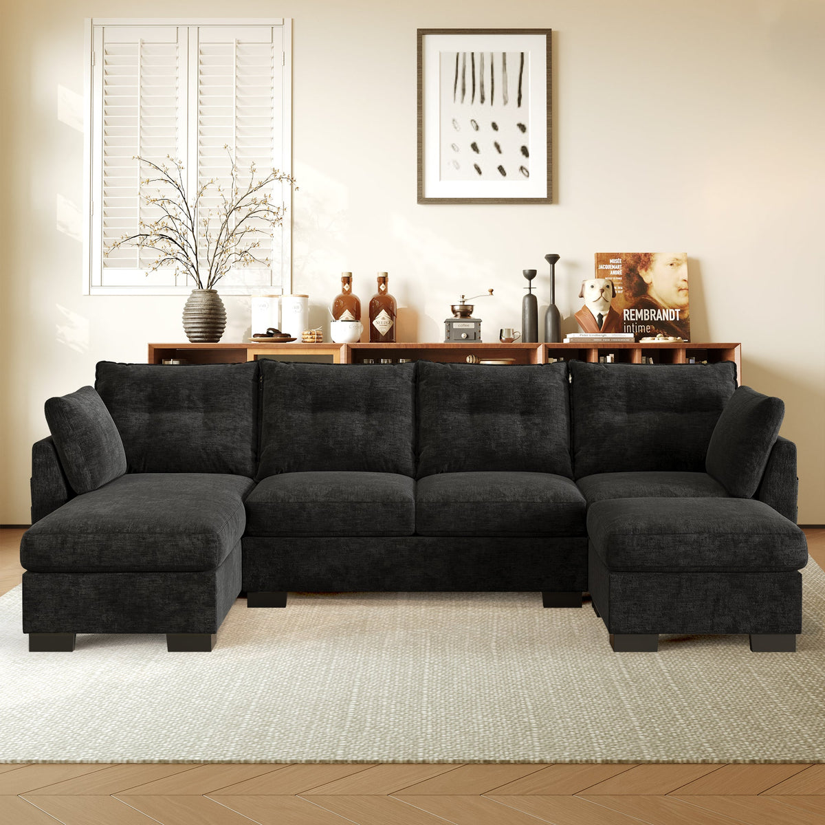 OVIOS 112" Cloud U Shaped Couch, Modular Sectional Comfy Couch Set with Movable Ottoman, Modern 4 Seater Couches with Chaise, Comfortable Furniture for Apartment Living Room