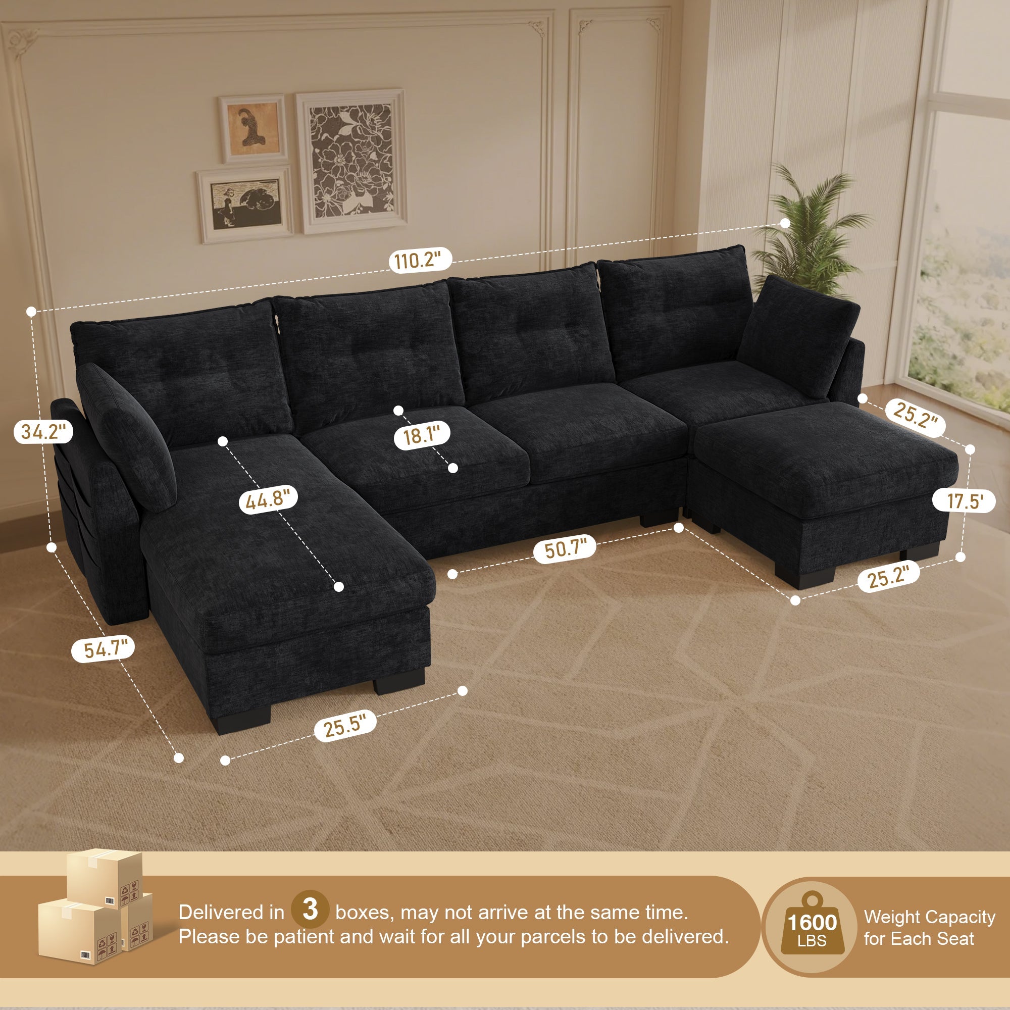 OVIOS 112" Cloud U Shaped Couch, Modular Sectional Comfy Couch Set with Movable Ottoman, Modern 4 Seater Couches with Chaise, Comfortable Furniture for Apartment Living Room