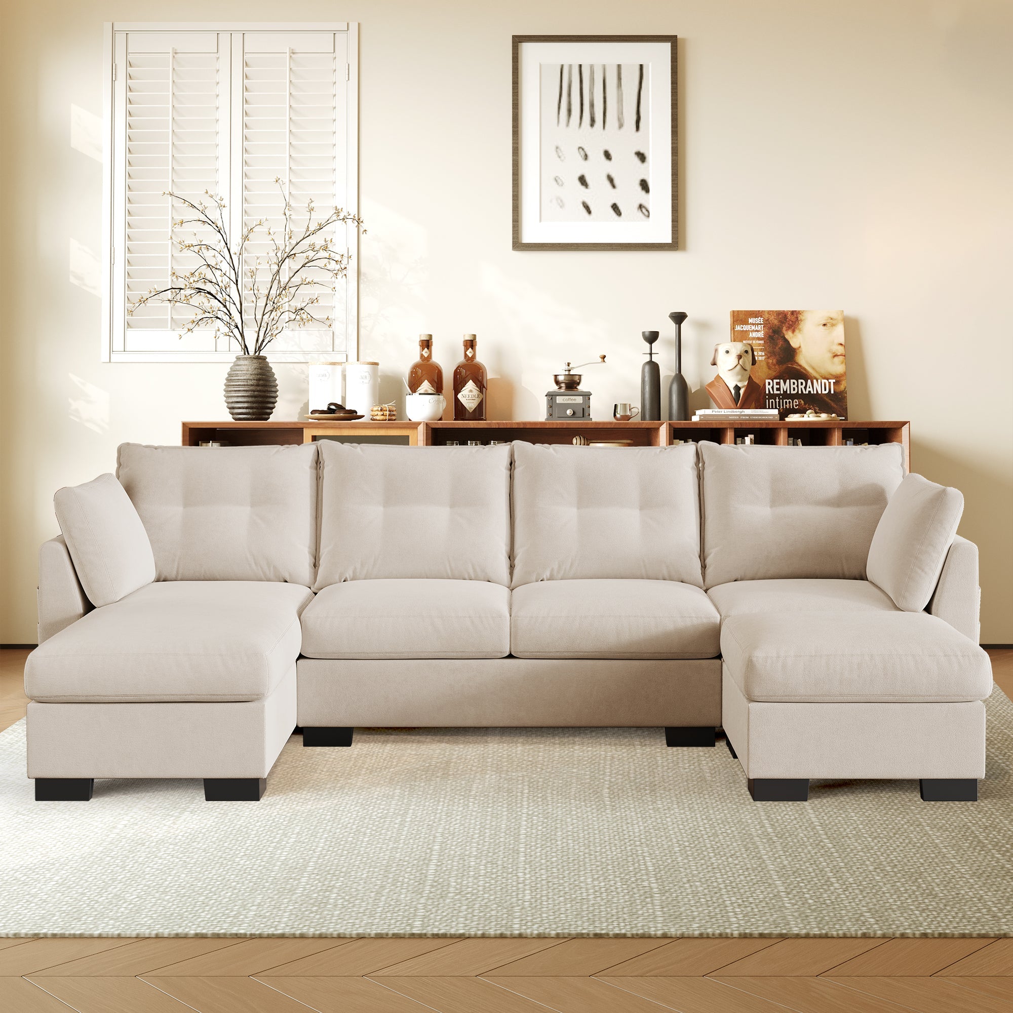 OVIOS 112" Cloud U Shaped Couch, Modular Sectional Comfy Couch Set with Movable Ottoman, Modern 4 Seater Couches with Chaise, Comfortable Furniture for Apartment Living Room