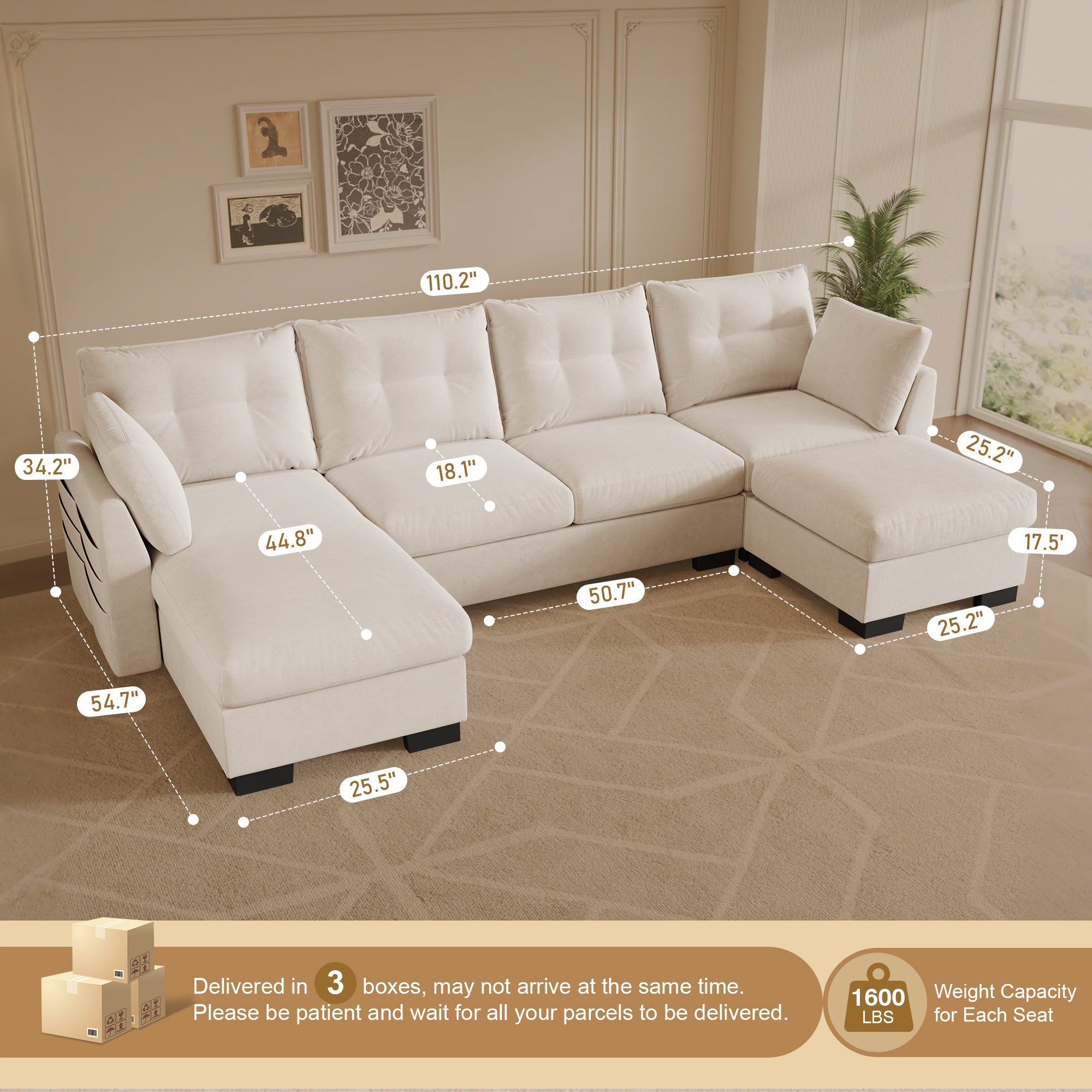 OVIOS 112" Cloud U Shaped Couch, Modular Sectional Comfy Couch Set with Movable Ottoman, Modern 4 Seater Couches with Chaise, Comfortable Furniture for Apartment Living Room