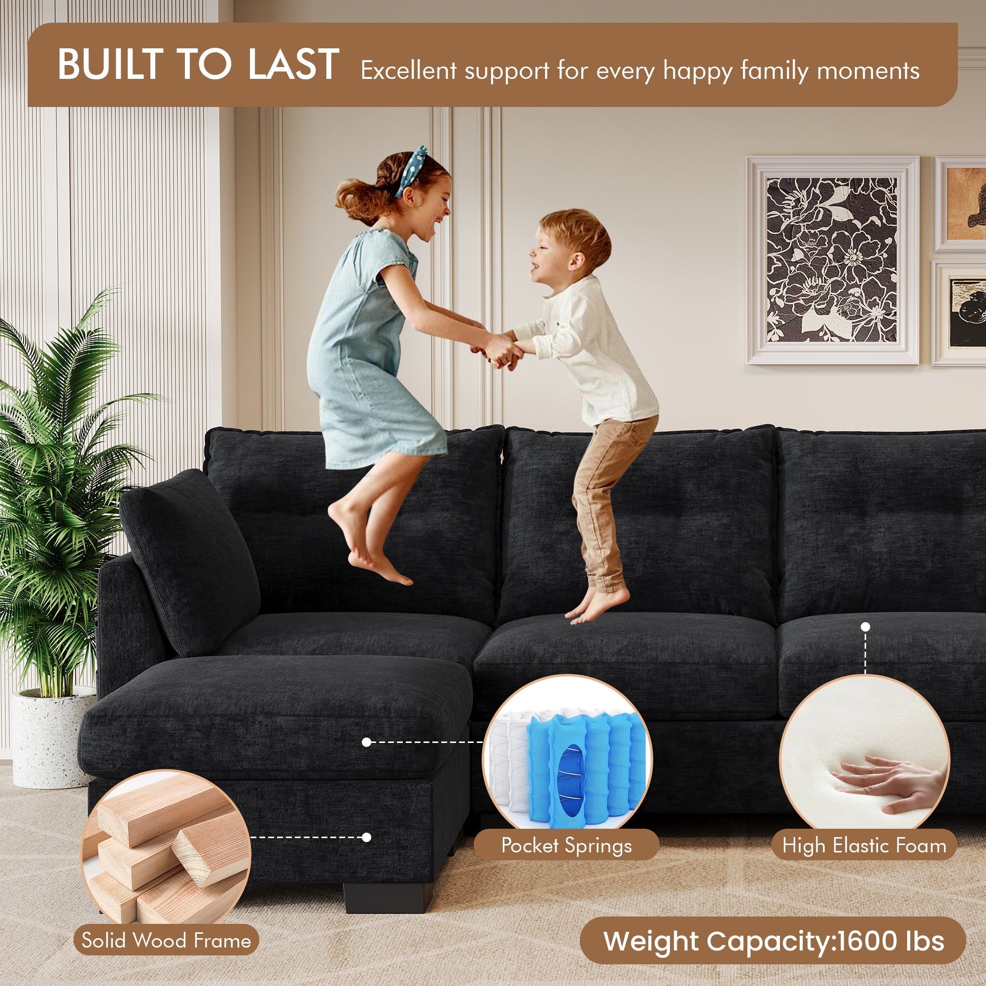OVIOS 112" Cloud U Shaped Couch, Modular Sectional Comfy Couch Set with Movable Ottoman, Modern 4 Seater Couches with Chaise, Comfortable Furniture for Apartment Living Room