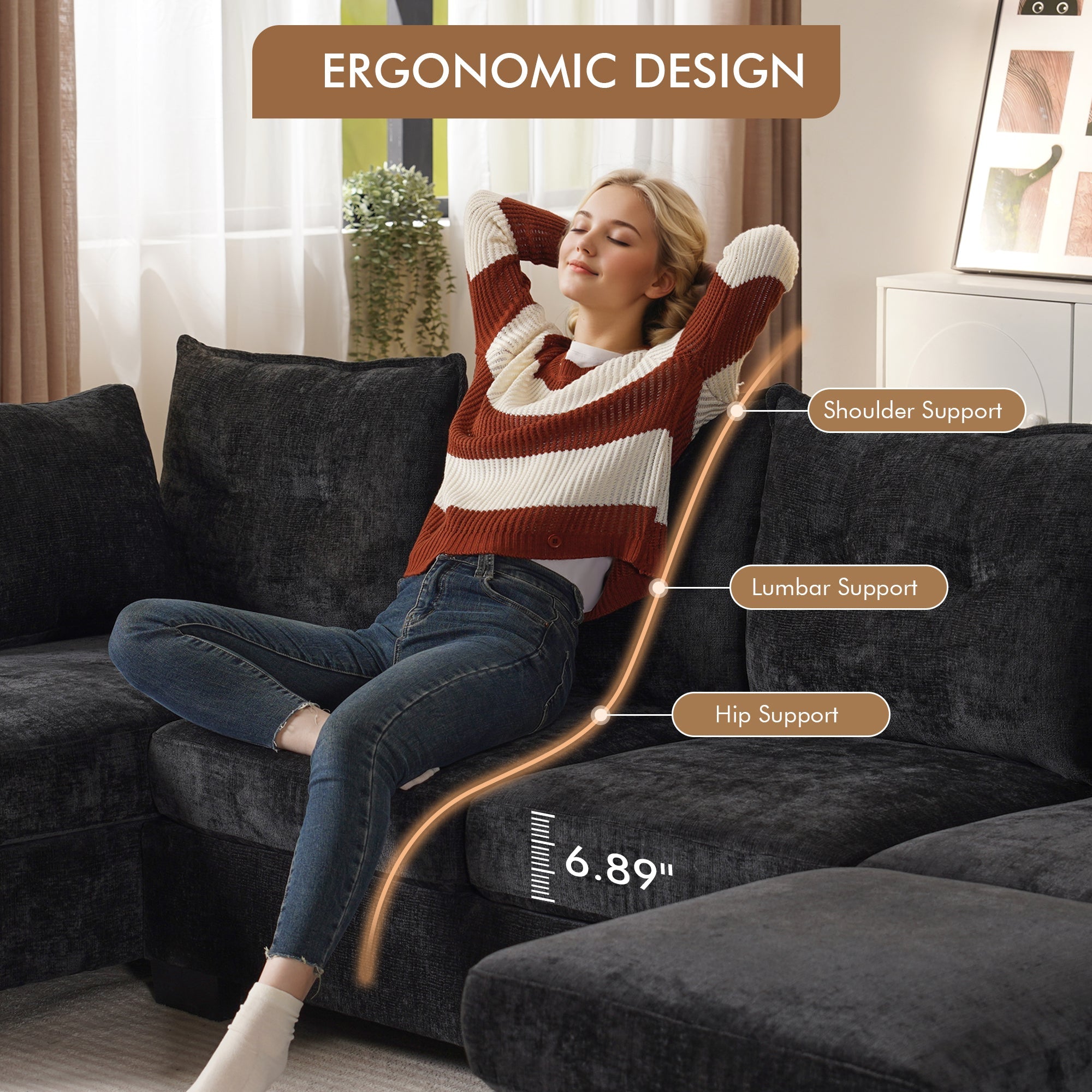OVIOS 112" Cloud U Shaped Couch, Modular Sectional Comfy Couch Set with Movable Ottoman, Modern 4 Seater Couches with Chaise, Comfortable Furniture for Apartment Living Room