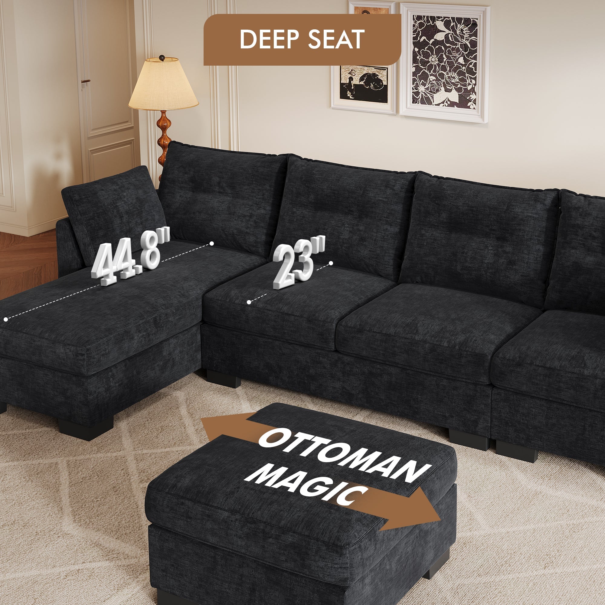 OVIOS 112" Cloud U Shaped Couch, Modular Sectional Comfy Couch Set with Movable Ottoman, Modern 4 Seater Couches with Chaise, Comfortable Furniture for Apartment Living Room