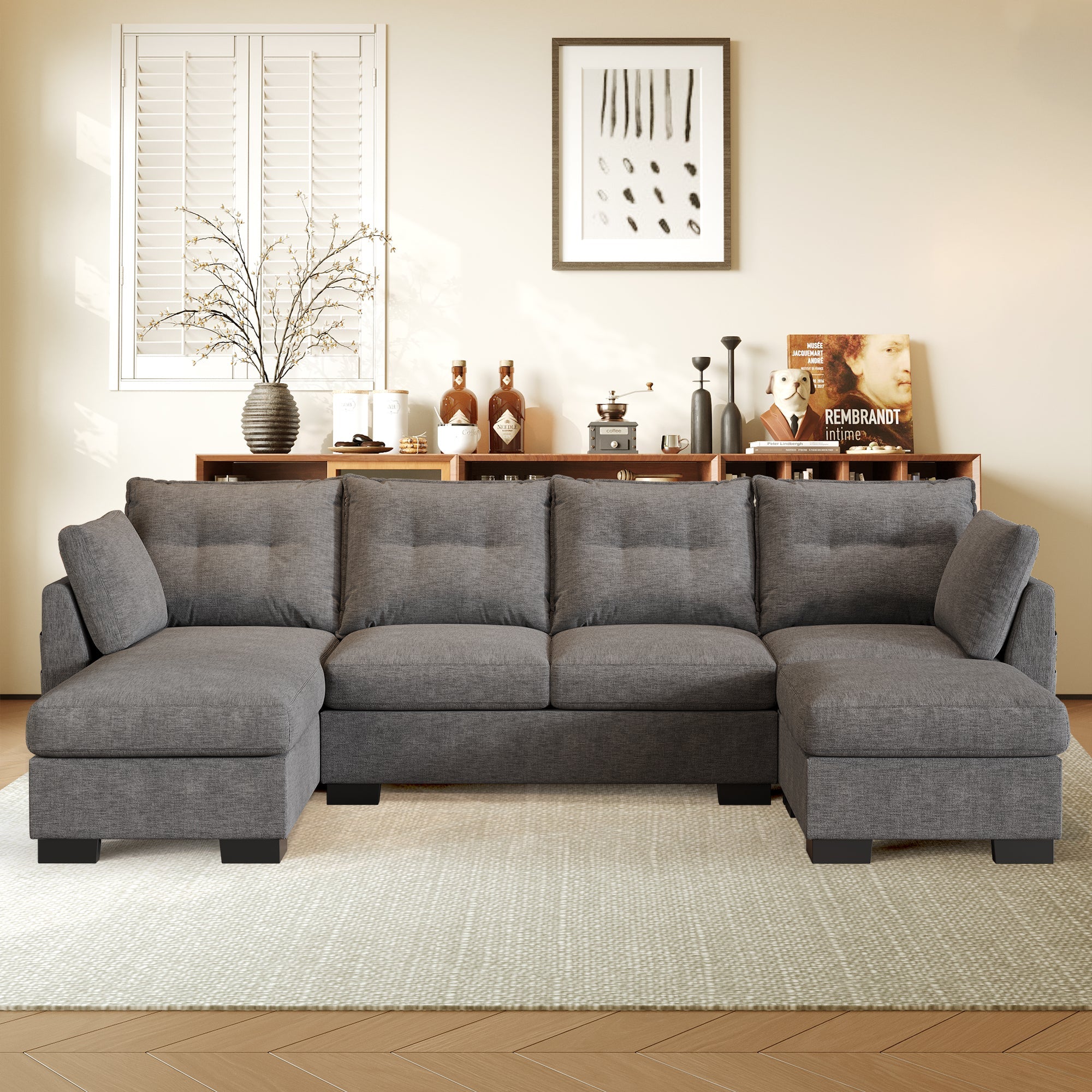 OVIOS 112" Cloud U Shaped Couch, Modular Sectional Comfy Couch Set with Movable Ottoman, Modern 4 Seater Couches with Chaise, Comfortable Furniture for Apartment Living Room
