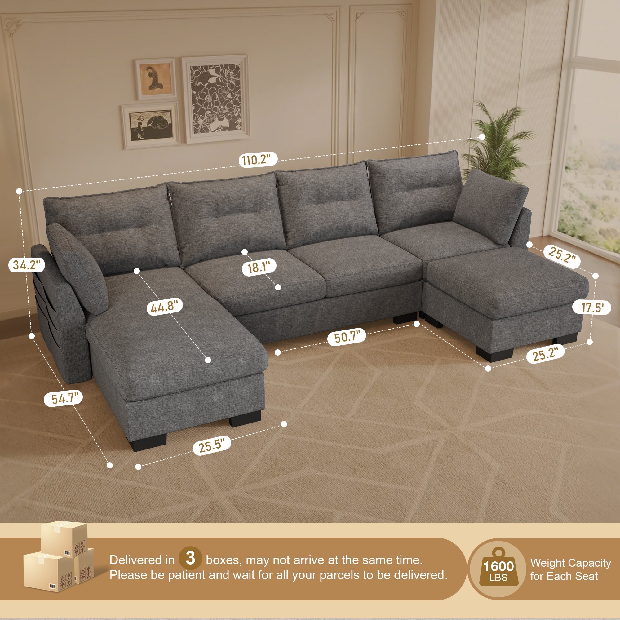 OVIOS 112" Cloud U Shaped Couch, Modular Sectional Comfy Couch Set with Movable Ottoman, Modern 4 Seater Couches with Chaise, Comfortable Furniture for Apartment Living Room