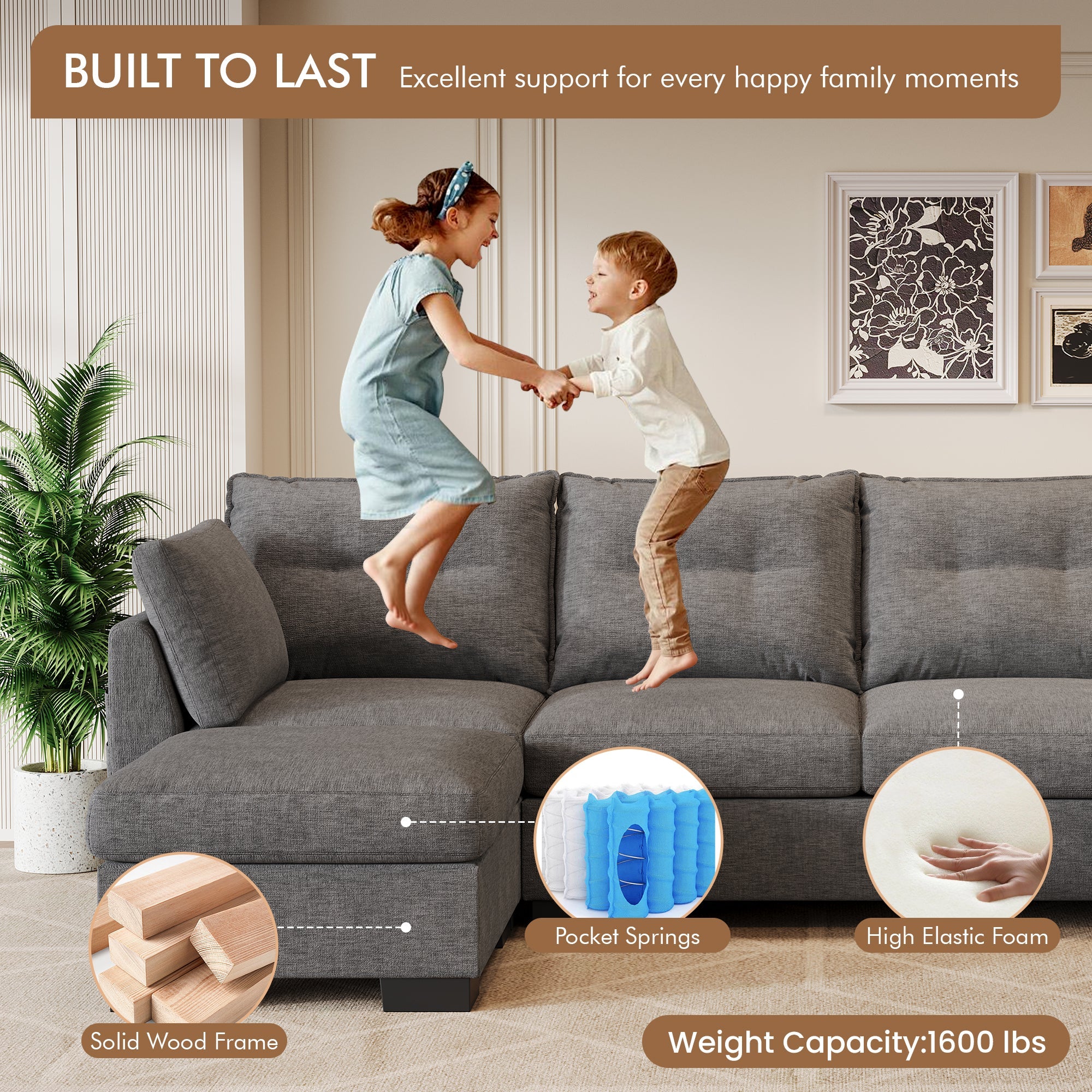 OVIOS 112" Cloud U Shaped Couch, Modular Sectional Comfy Couch Set with Movable Ottoman, Modern 4 Seater Couches with Chaise, Comfortable Furniture for Apartment Living Room