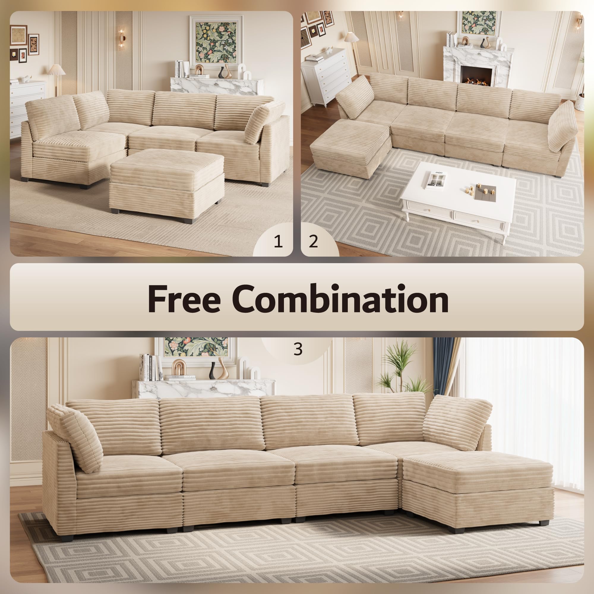 OVIOS 130.7" Modular Sectional Sofa Couch, L-Shaped Minimalist Couches, Modern Deep Seat Cloud Plush Corduroy Sofas Set