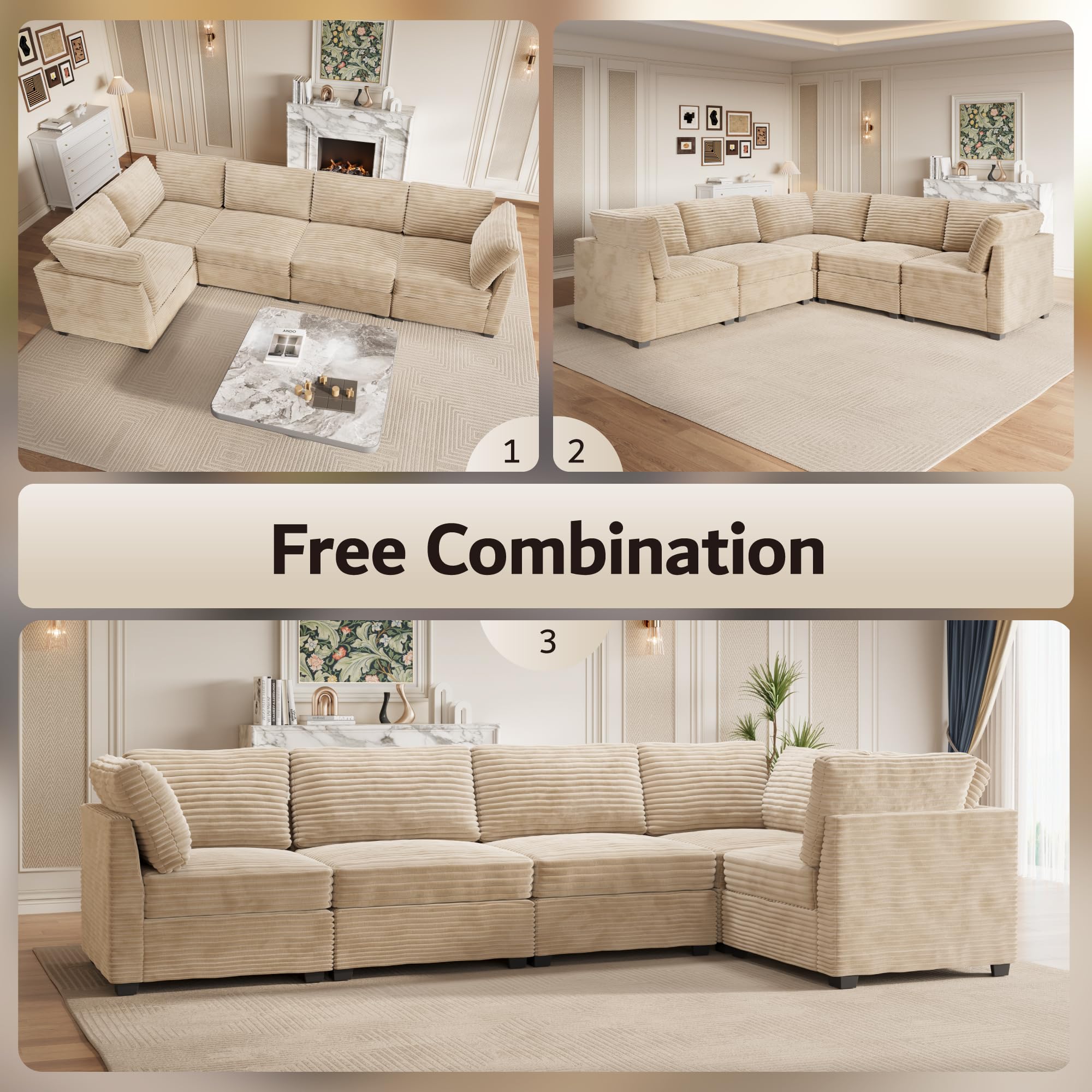 OVIOS 130.7" Modular Sectional Sofa Couch, L-Shaped Minimalist Couches with Convertible Chaise