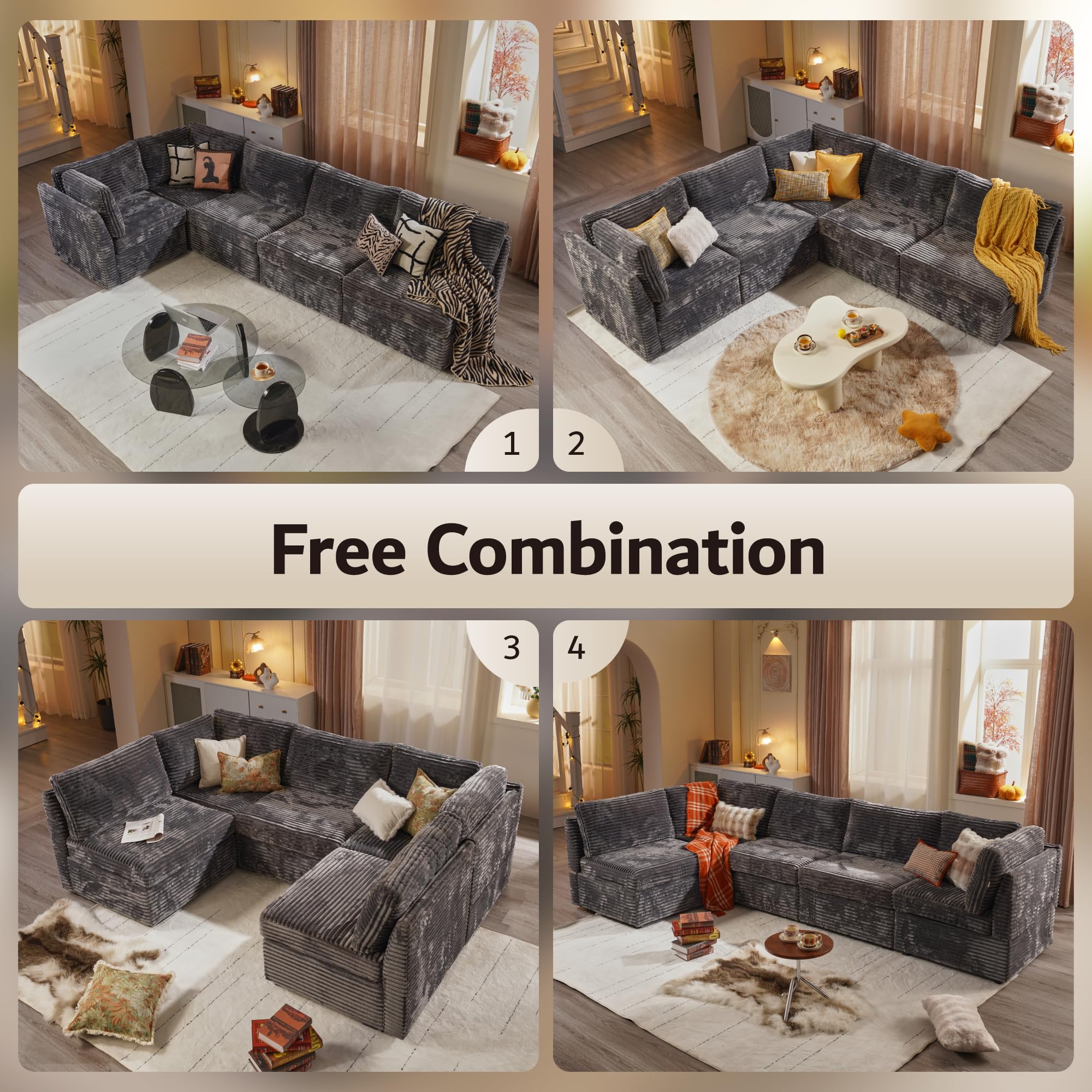 OVIOS 130.7" Modular Sectional Sofa Couch, L-Shaped Minimalist Couches, Modern Deep Seat Cloud Plush Corduroy Sofas Set