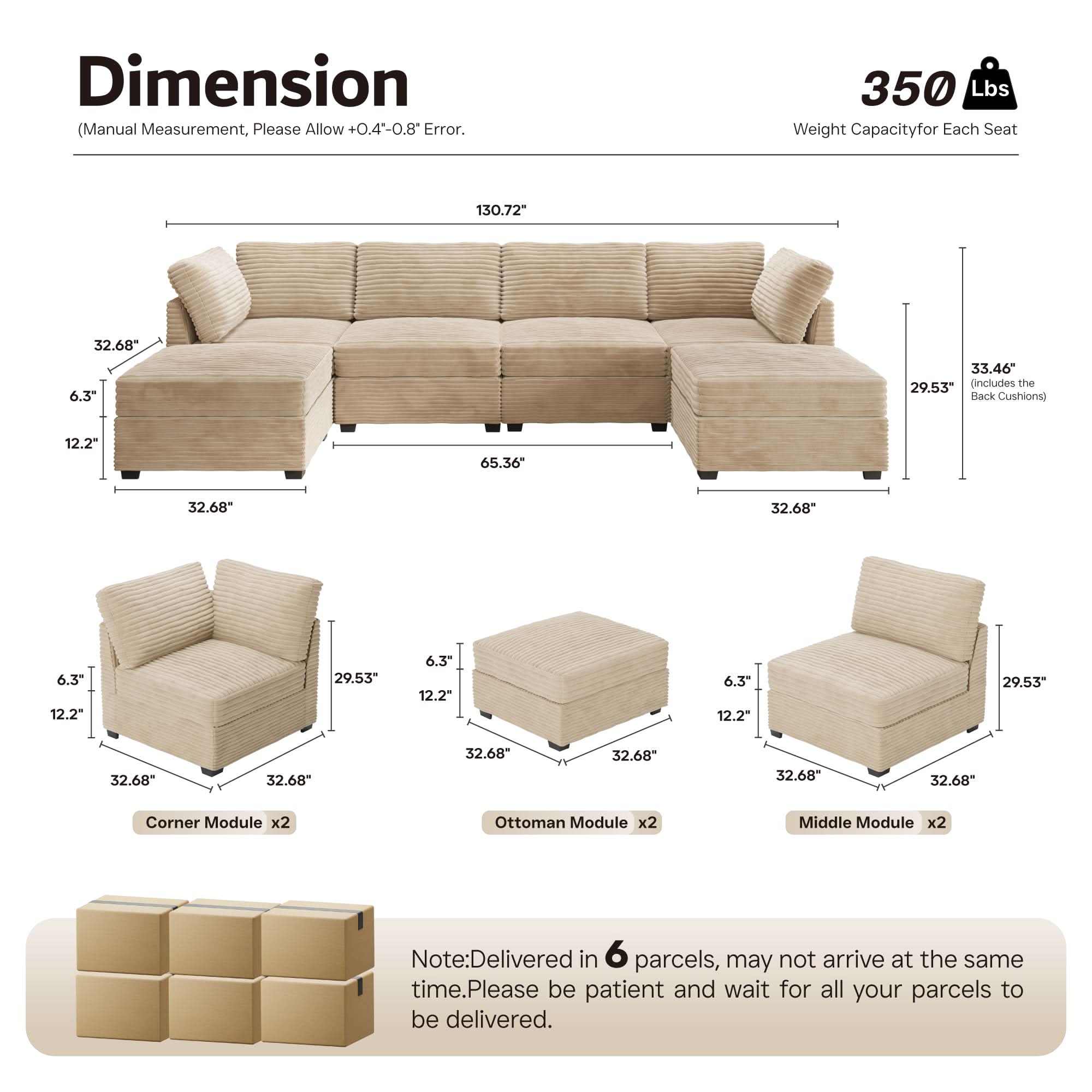 OVIOS 130.7" Modular Sectional Sofa Couch, U-Shaped Minimalist Couches with 2 Ottomans Chaise