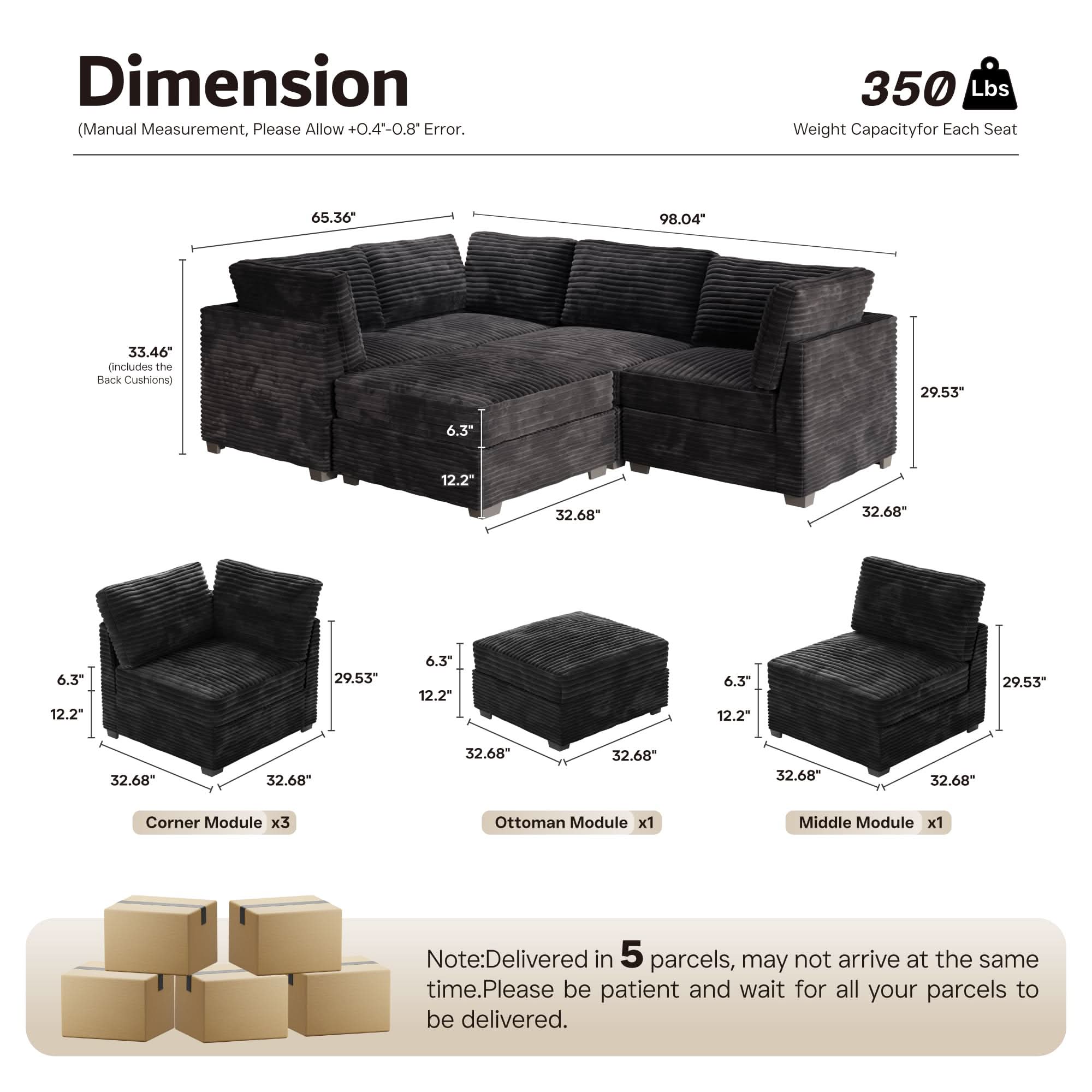 OVIOS 98" Modular Sectional Sofa Couch, L-Shaped Minimalist Couches with Sofa Bed Chaise