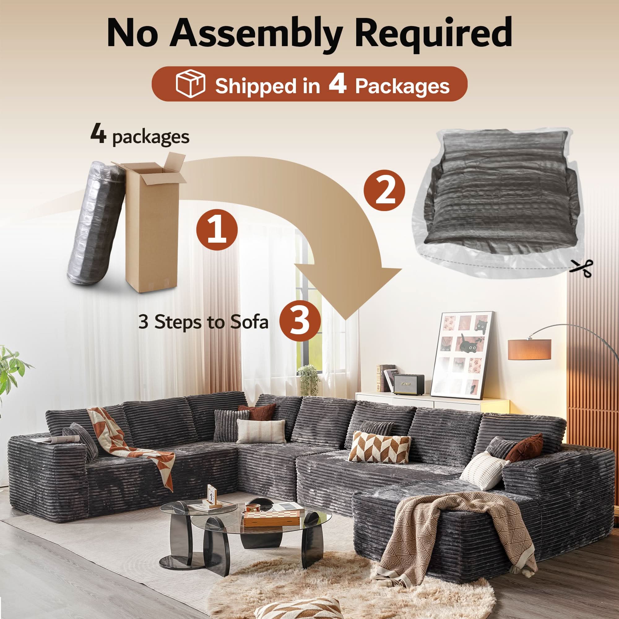 OVIOS Modular Sectional Cloud Couch, Plush Corduroy Sofa with Memory Foam, U-Shaped Chaise, No Assembly