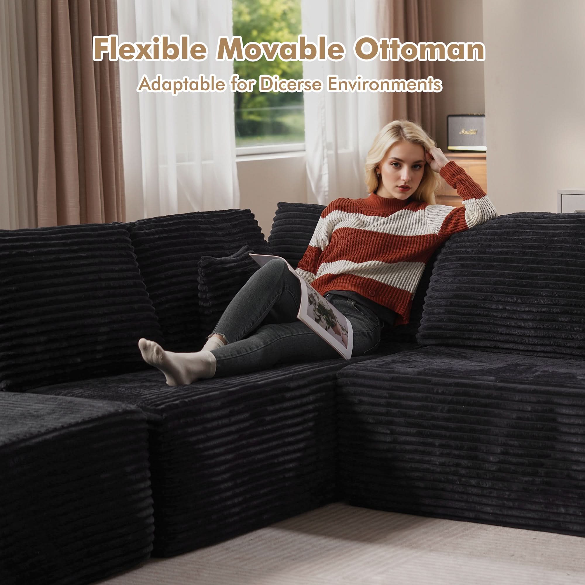 OVIOS L-Shaped Cloud Sectional Sofa with Chaise - Plush Corduroy, Memory Foam & No Assembly