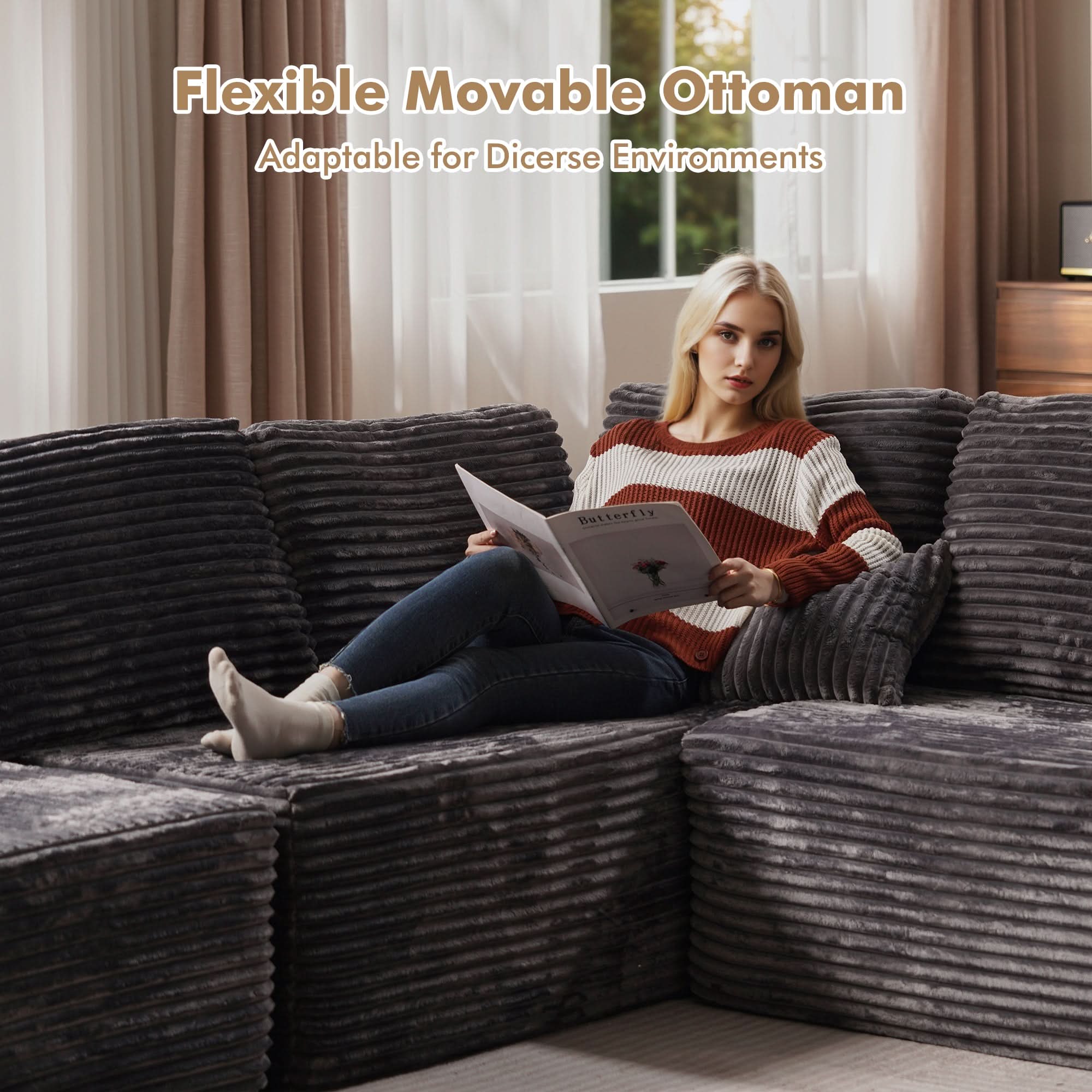 OVIOS L-Shaped Cloud Sectional Sofa with Chaise - Plush Corduroy, Memory Foam & No Assembly