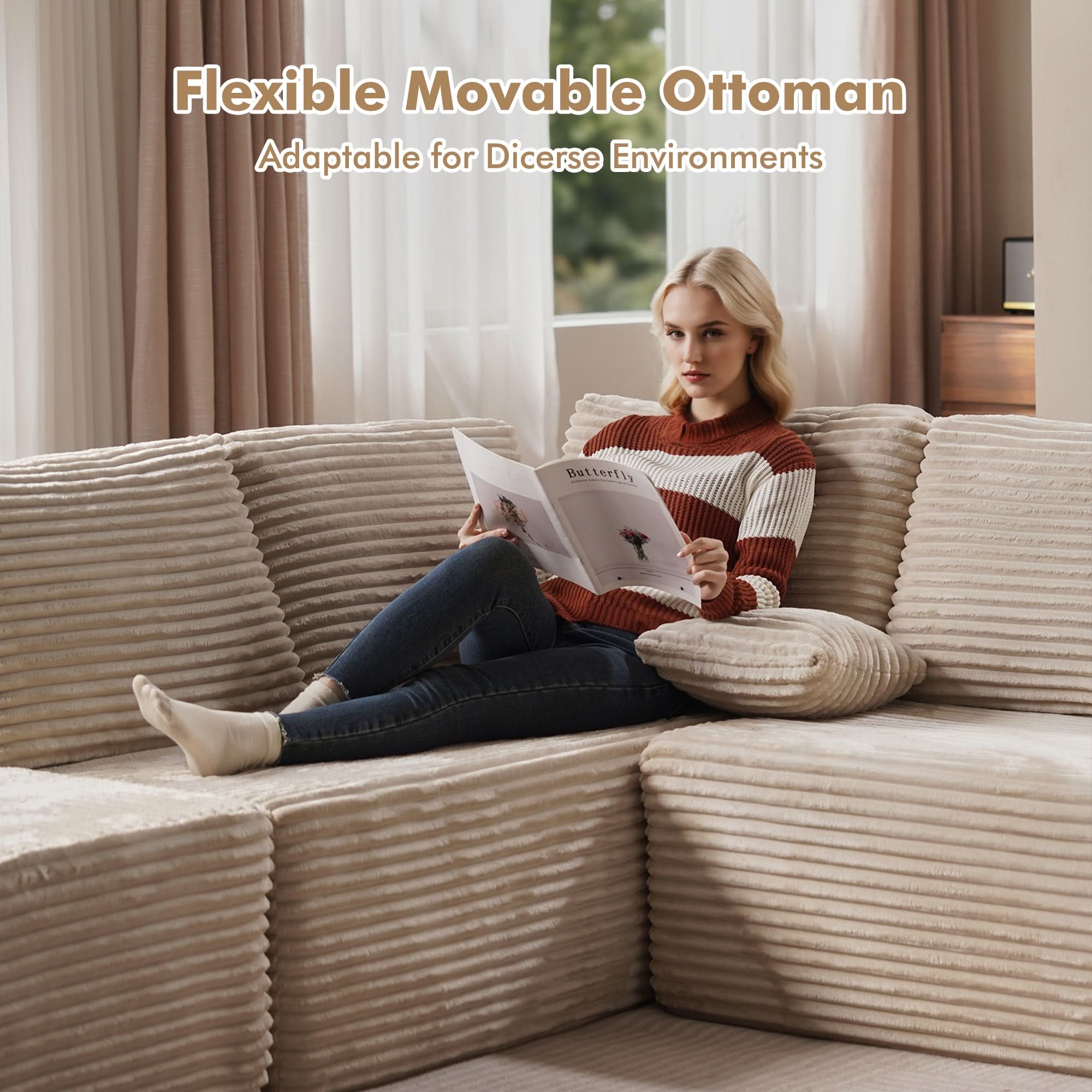 OVIOS L-Shaped Cloud Sectional Sofa with Chaise - Plush Corduroy, Memory Foam & No Assembly