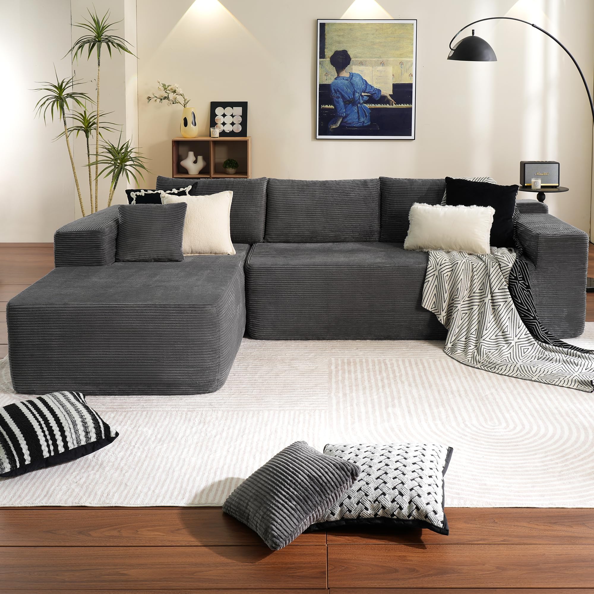 OVIOS 104" L-Shape Modular Couch with Chaise,Corduroy Fabric,No Assembly Required