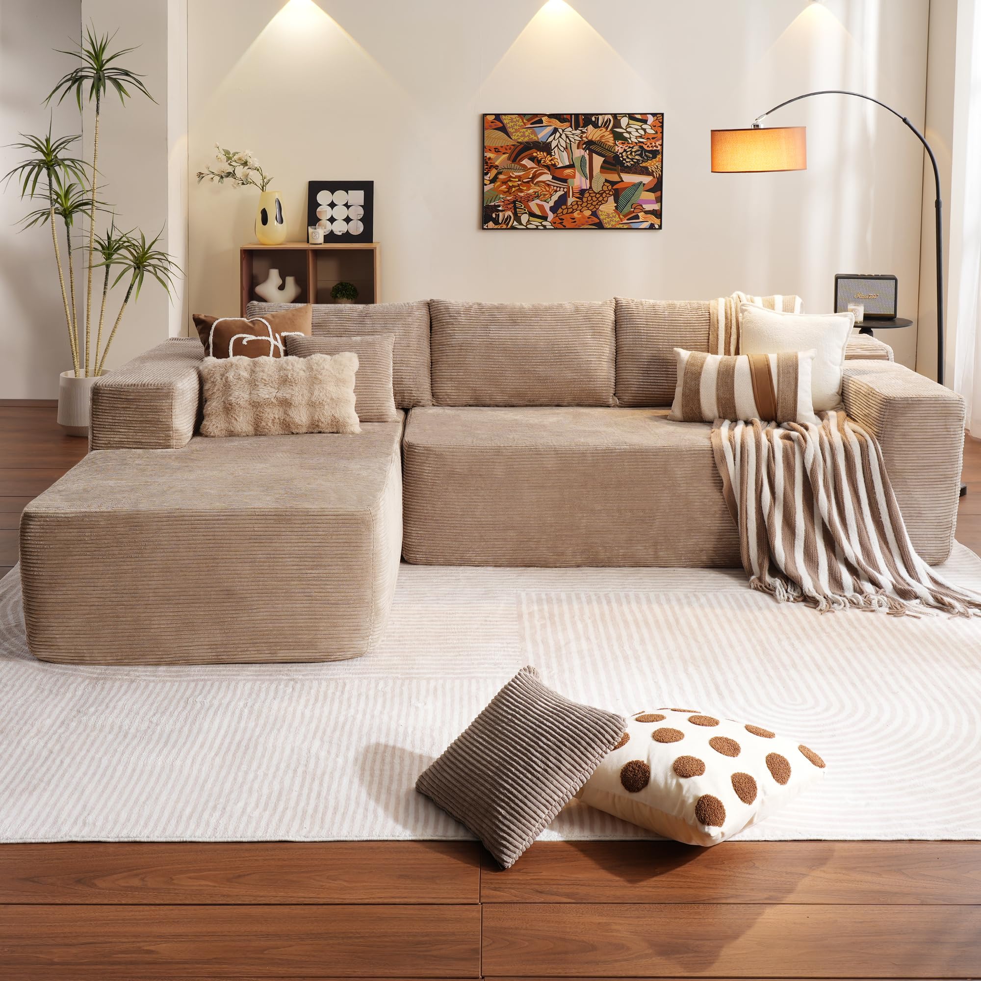 OVIOS 104" L-Shape Modular Couch with Chaise,Corduroy Fabric,No Assembly Required
