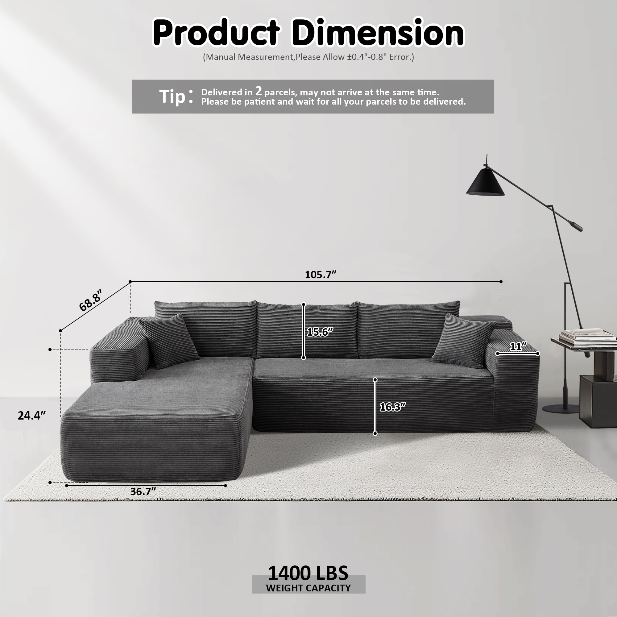 OVIOS 104" L-Shape Modular Couch with Chaise,Corduroy Fabric,No Assembly Required