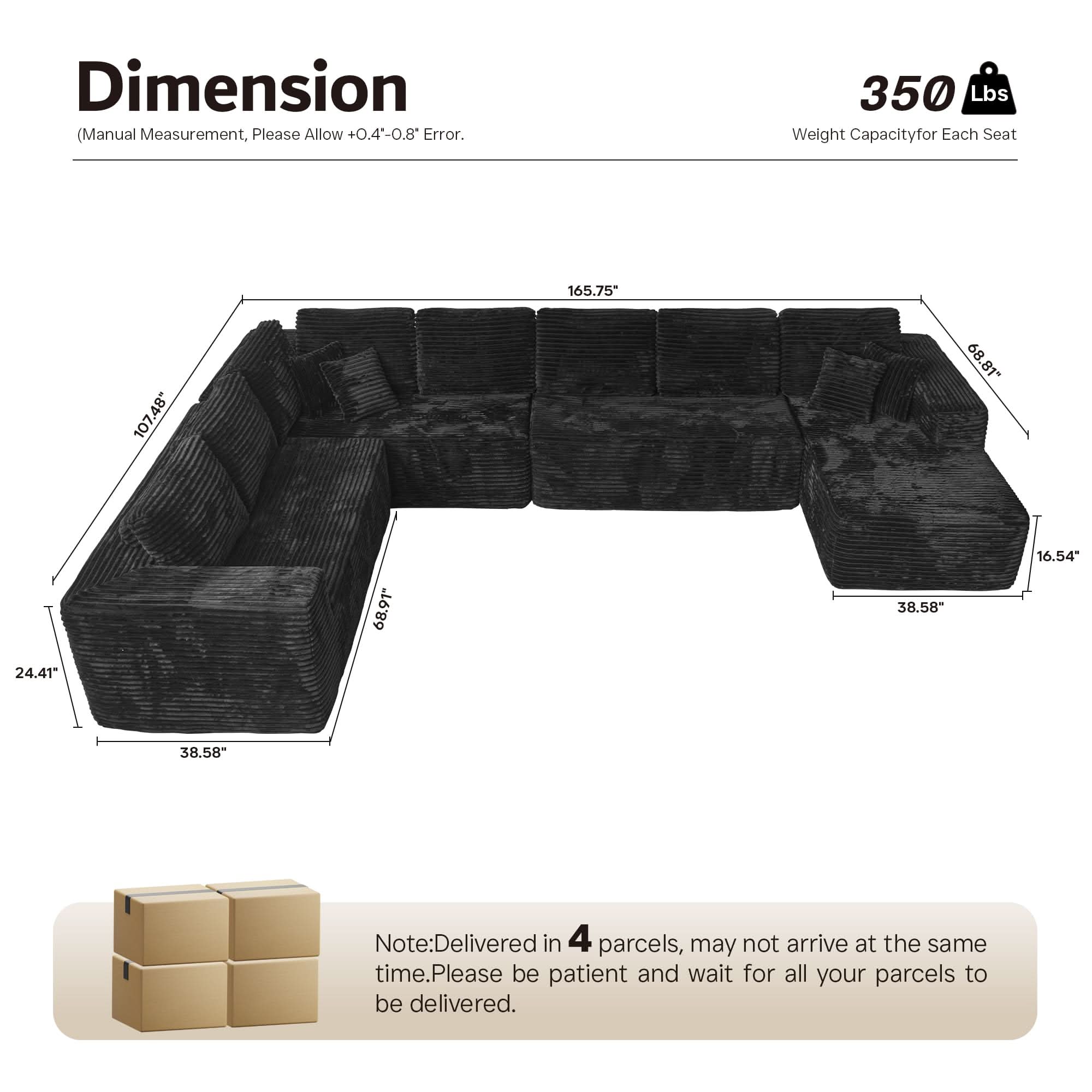 OVIOS Modular Sectional Cloud Couch, Plush Corduroy Sofa with Memory Foam, U-Shaped Chaise, No Assembly