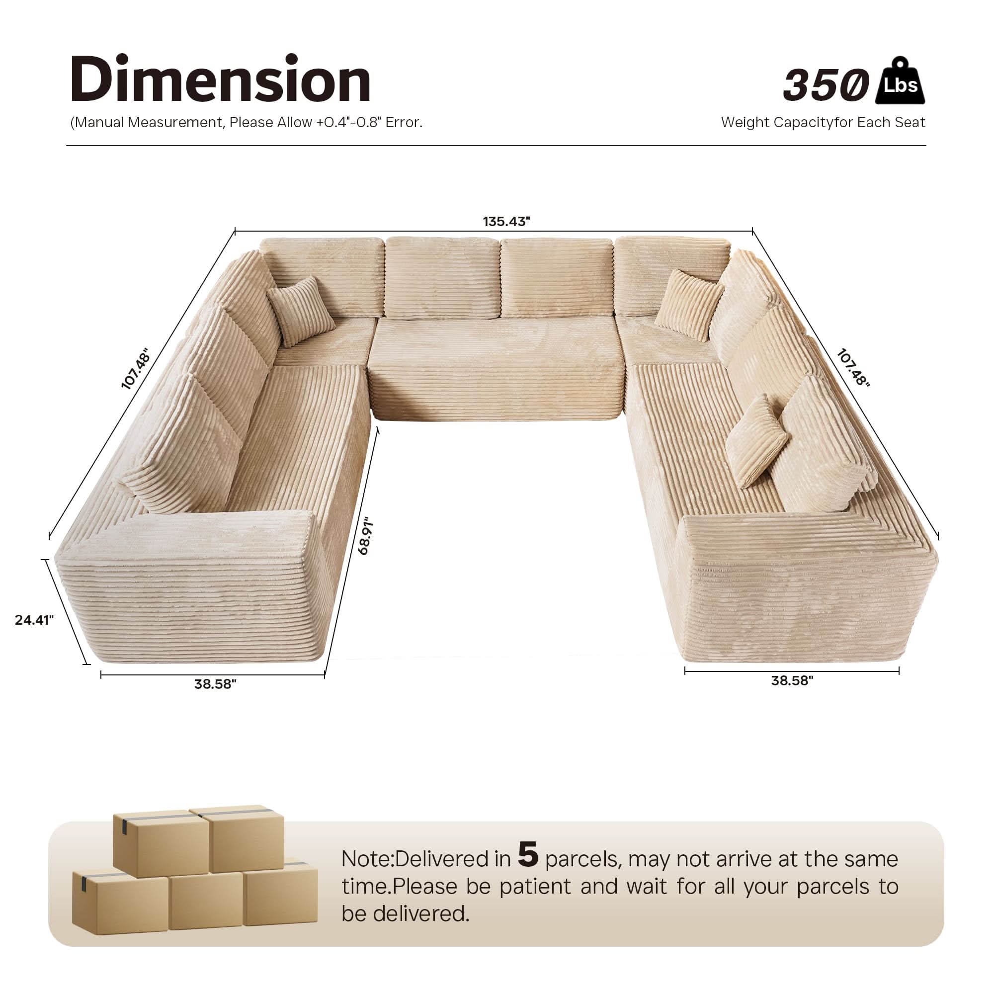 OVIOS Modular Cloud Sofa Corduroy with Memory Foam, U-Shaped Chaise, No Assembly Required