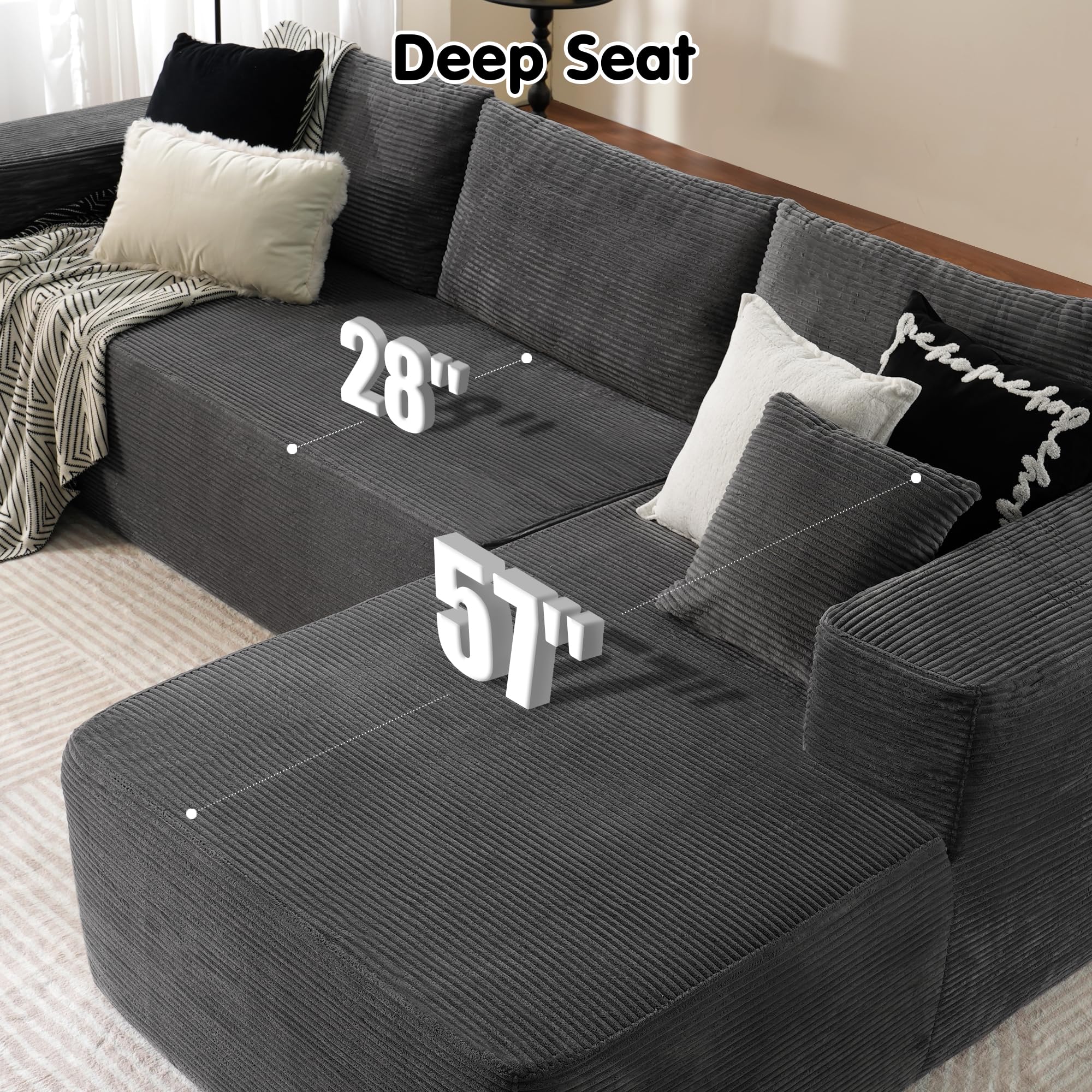 OVIOS 104" L-Shape Modular Couch with Chaise,Corduroy Fabric,No Assembly Required