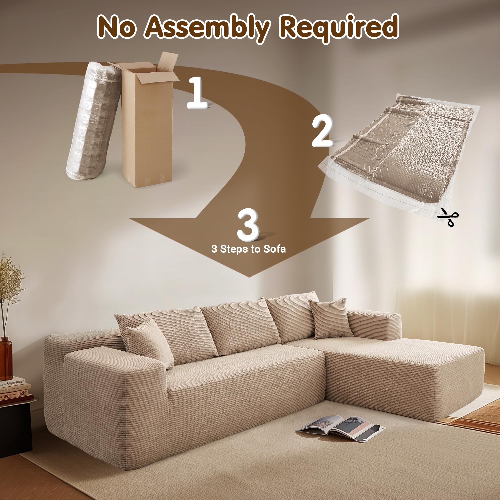 OVIOS 104" L-Shape Modular Couch with Chaise,Corduroy Fabric,No Assembly Required