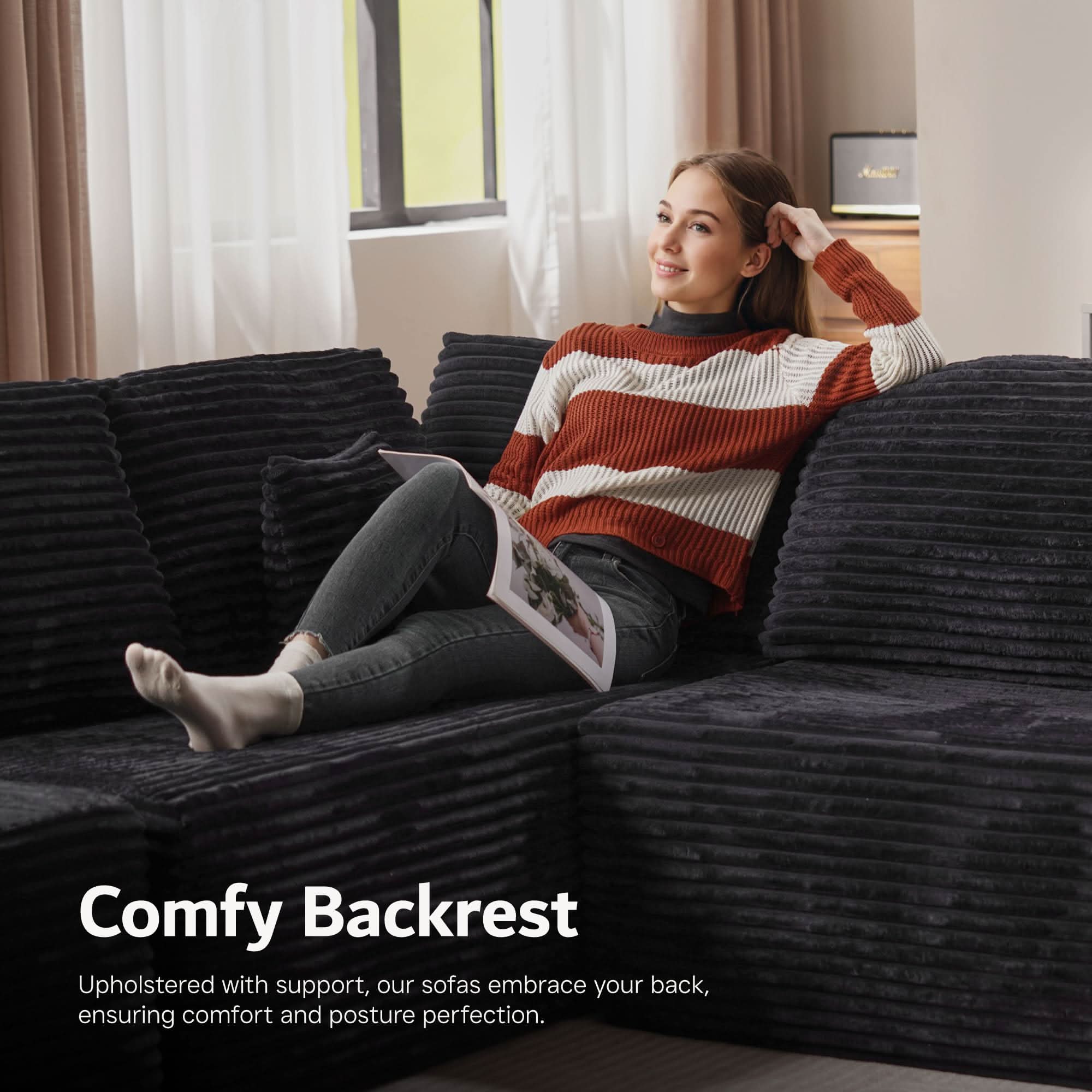 OVIOS sectional cloud couch, living room U-shaped sofa, plush corduroy, memory foam, no assembly required.