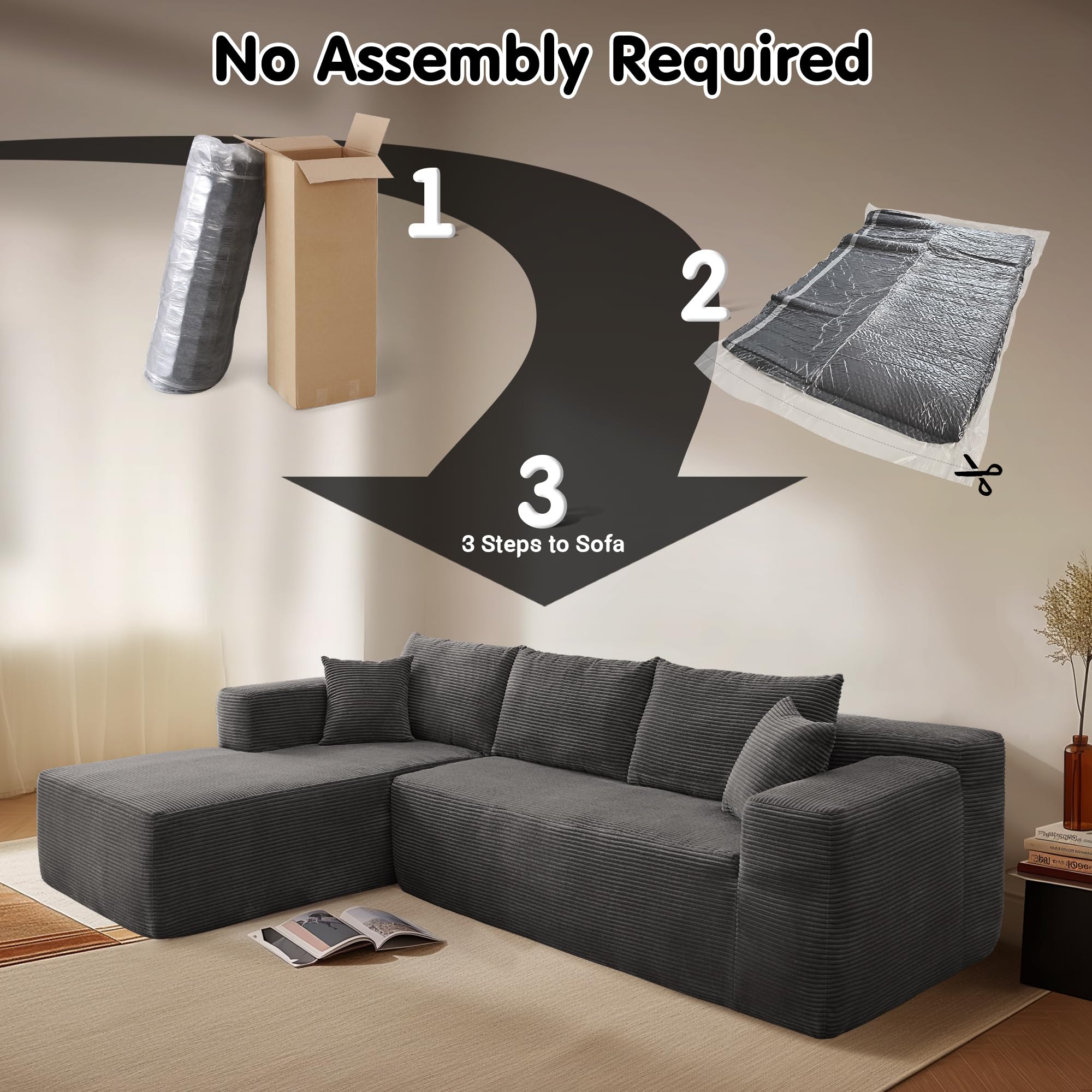 OVIOS 104" L-Shape Modular Couch with Chaise,Corduroy Fabric,No Assembly Required