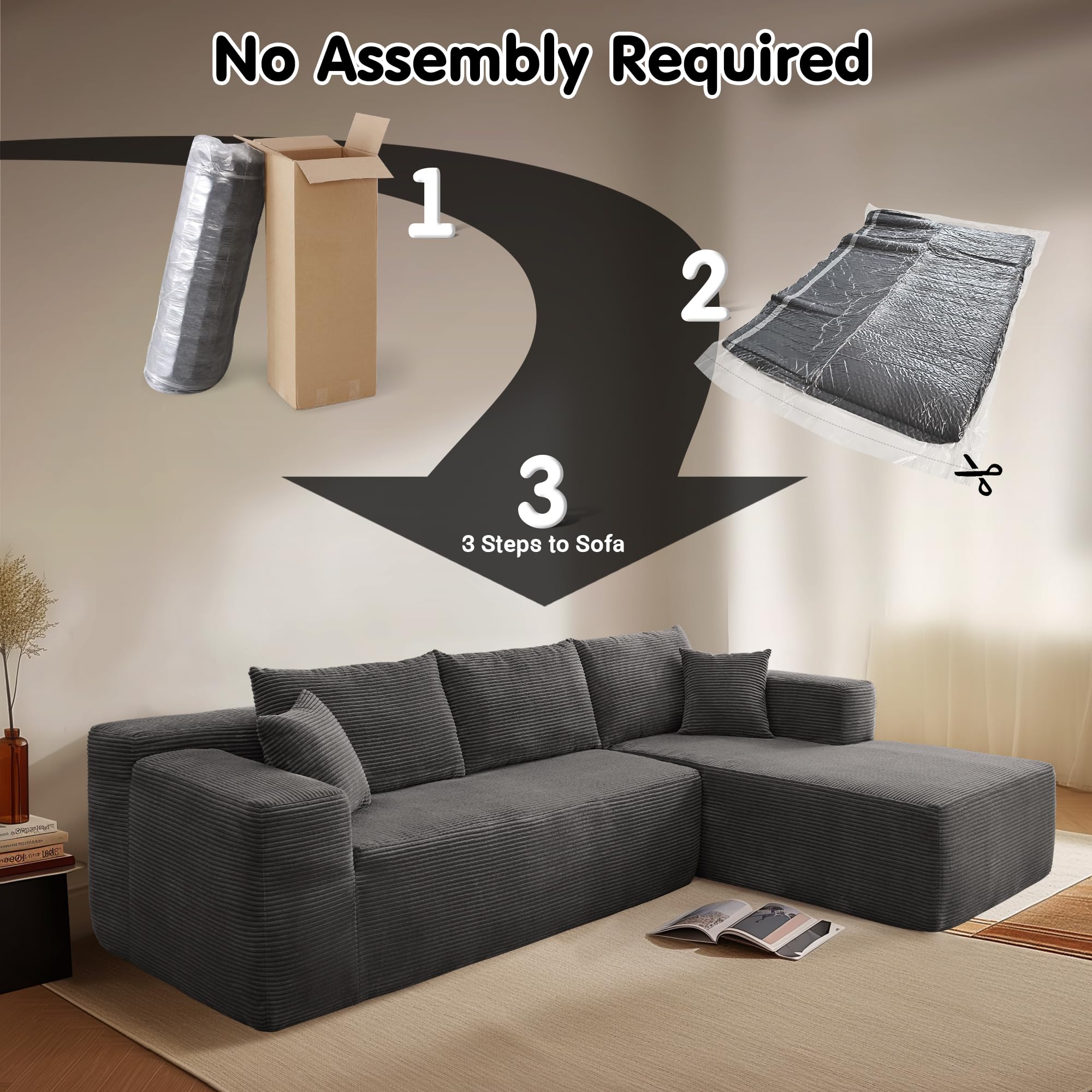 OVIOS 104" L-Shape Modular Couch with Chaise,Corduroy Fabric,No Assembly Required