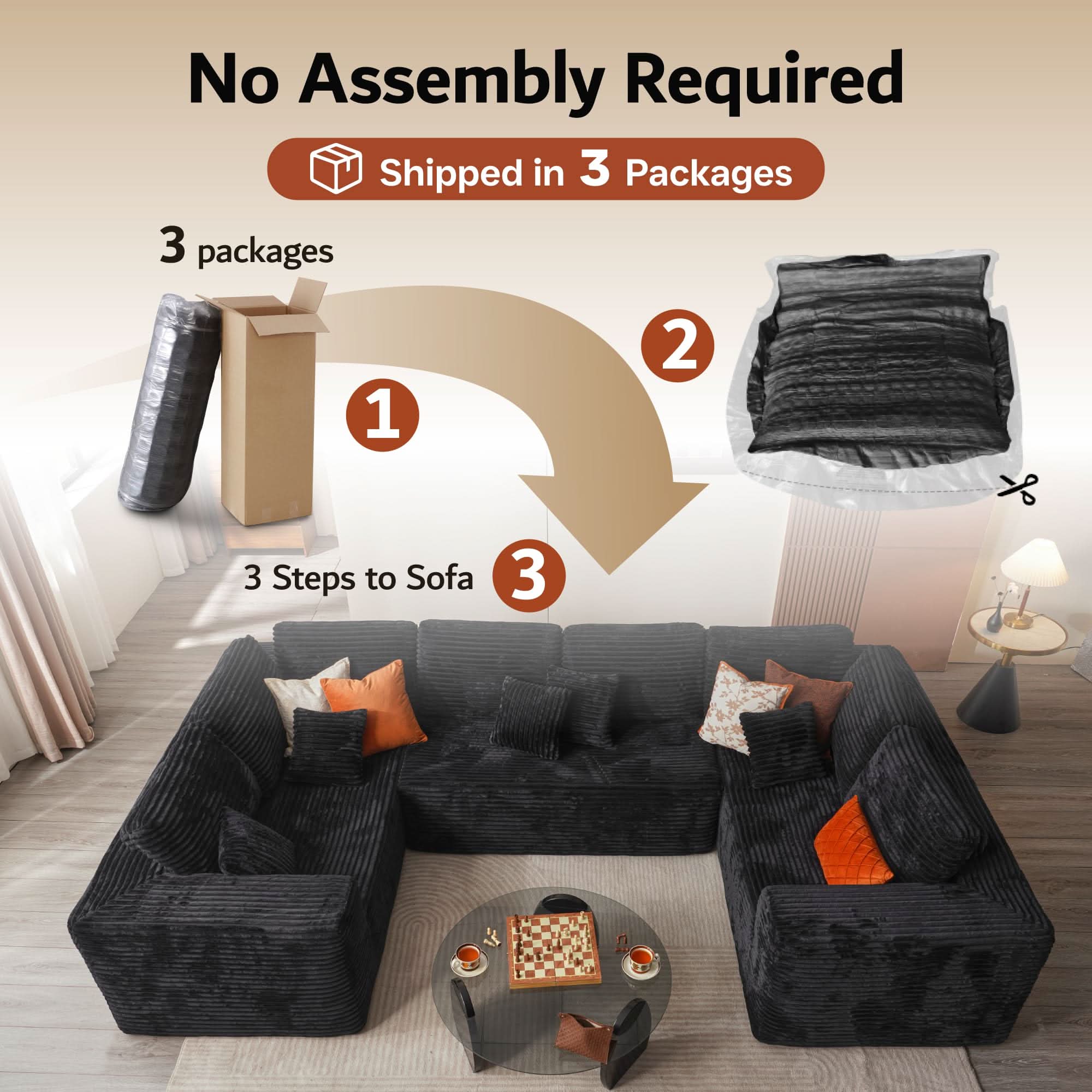 OVIOS sectional cloud couch, living room U-shaped sofa, plush corduroy, memory foam, no assembly required.