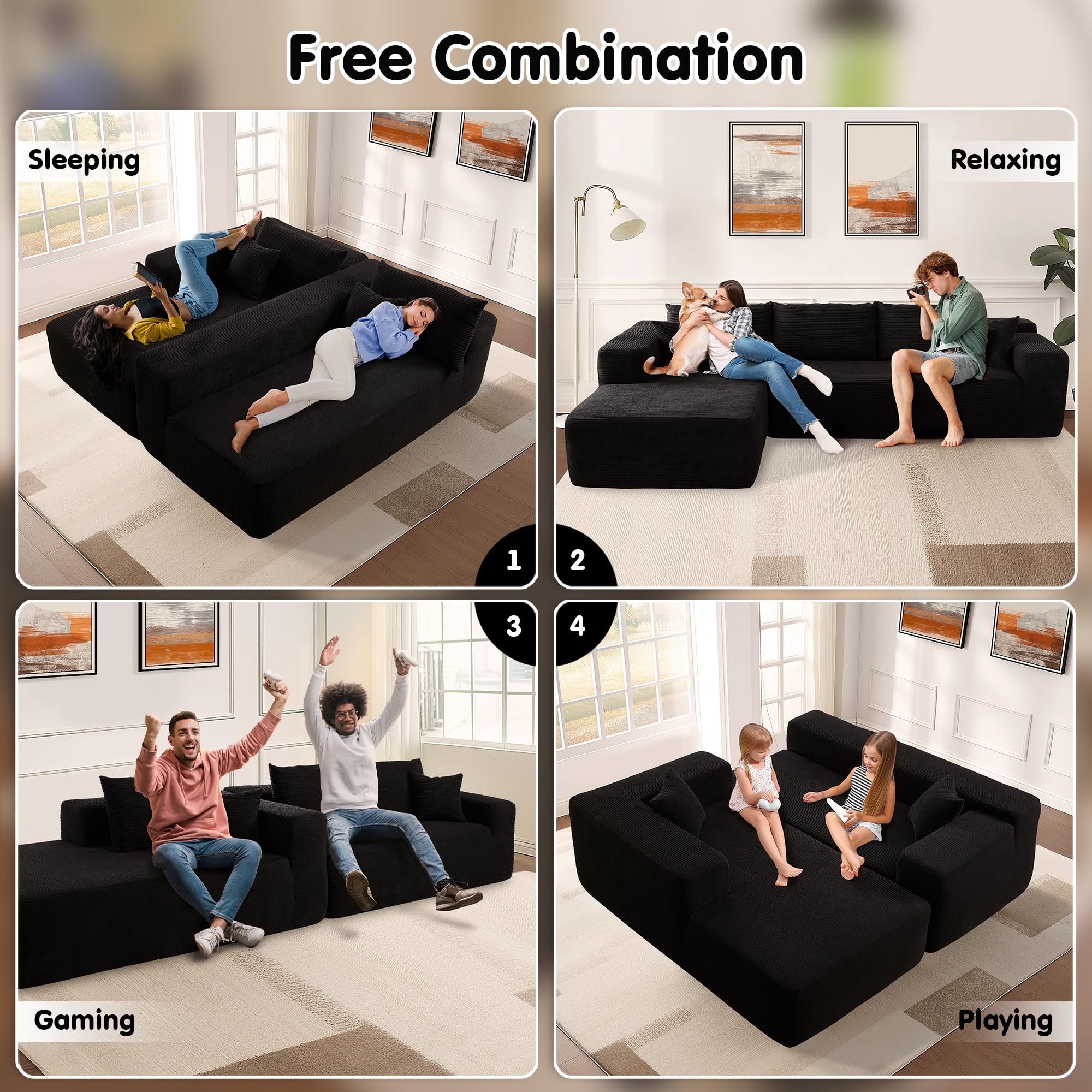 OVIOS 104" L-Shape Modular Couch with Chaise,Corduroy Fabric,No Assembly Required
