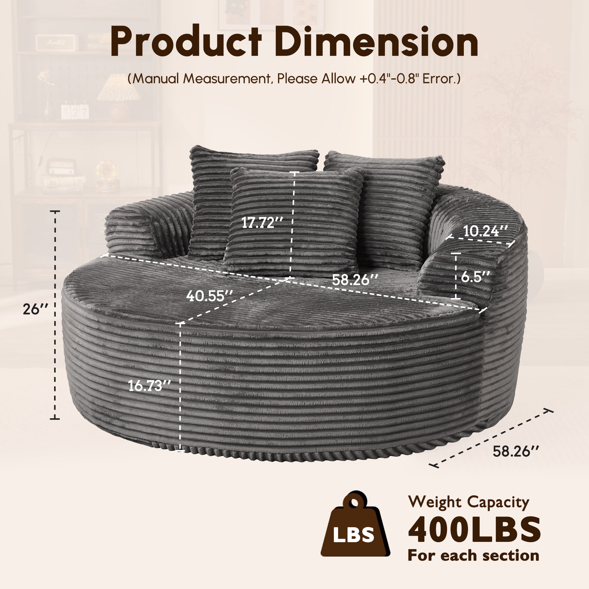 OVIOS 59" O-Shape Modular Couch, Plush Corduroy Fabric, No Assembly Required